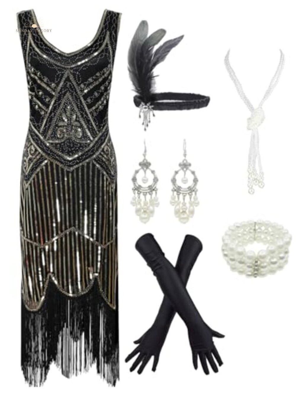 1920s Gatsby Sequin Fringed Flapper Dress with Accessories Set